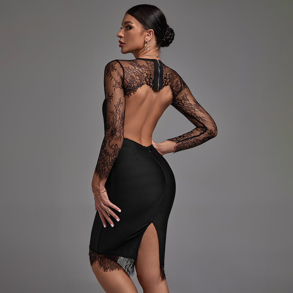 Round Neck Long Sleeve Lace Midi Bandage Dress Round Neck Long Sleeve Lace Midi Bandage Dress