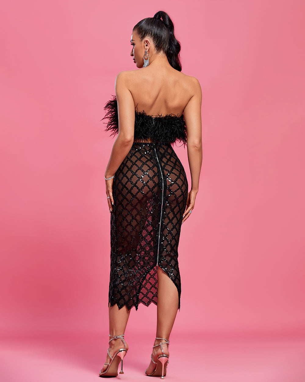 Feather Crop Top & Sequin-Embellished Tulle Skirt Set