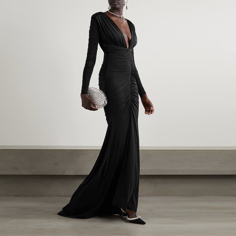 V Neck Long Sleeve Low Cut Wrinkled Maxi Dress Wolddress