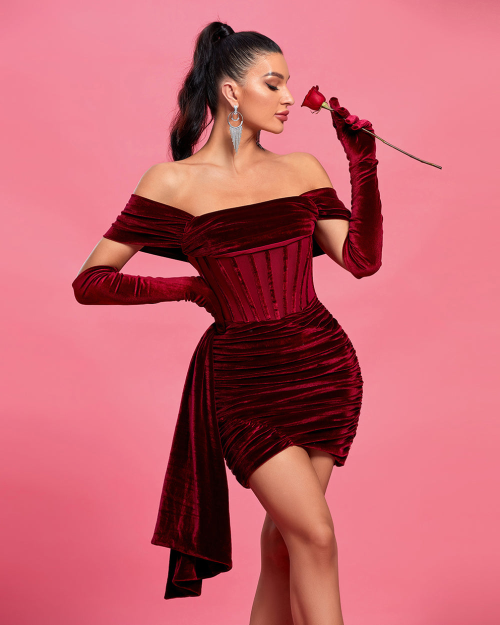 Women' Burgundy Draped Corset Dress Off Shoulder Valentine' Day by Wolddress Wedding Guest