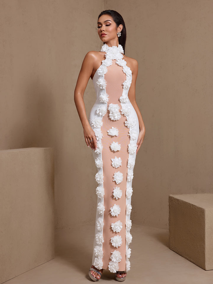 Halter Neck 3D Flowers Bandage Maxi Dress PPX01 by Wolddress Wedding Guest