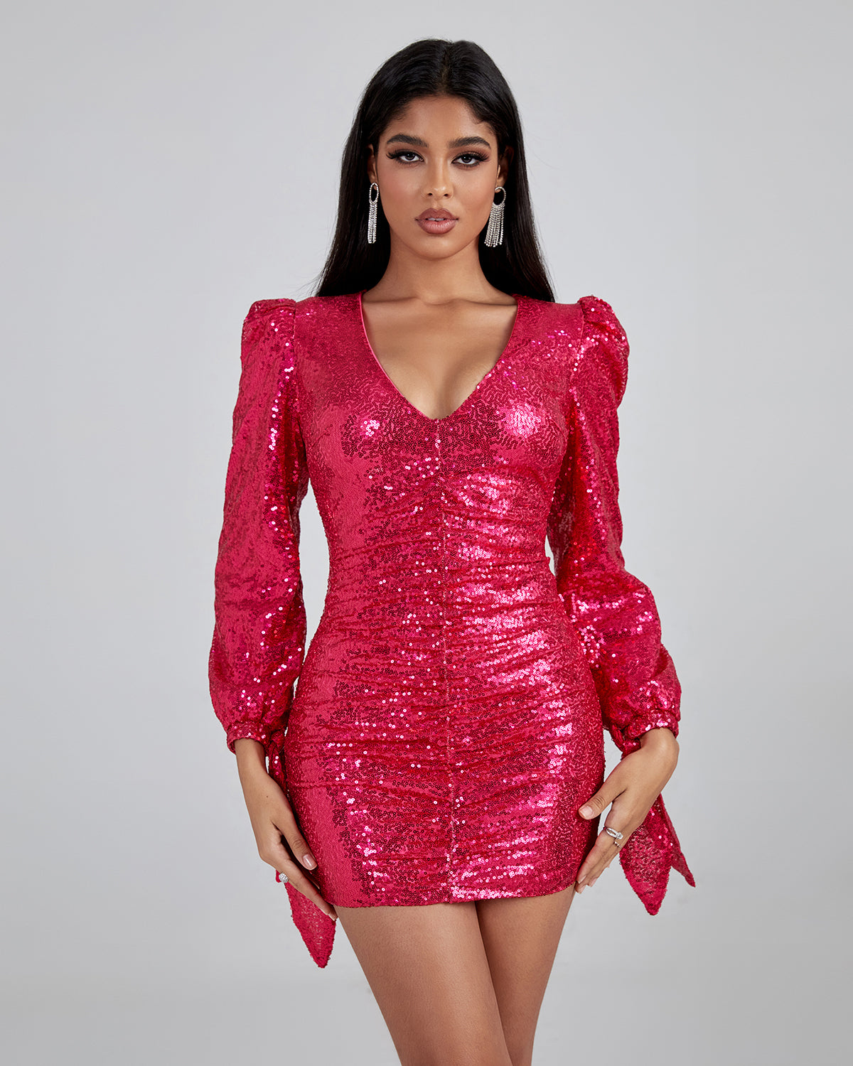 V Neck Sparkle Sequin Mini Dress YTY081505 | Wolddress