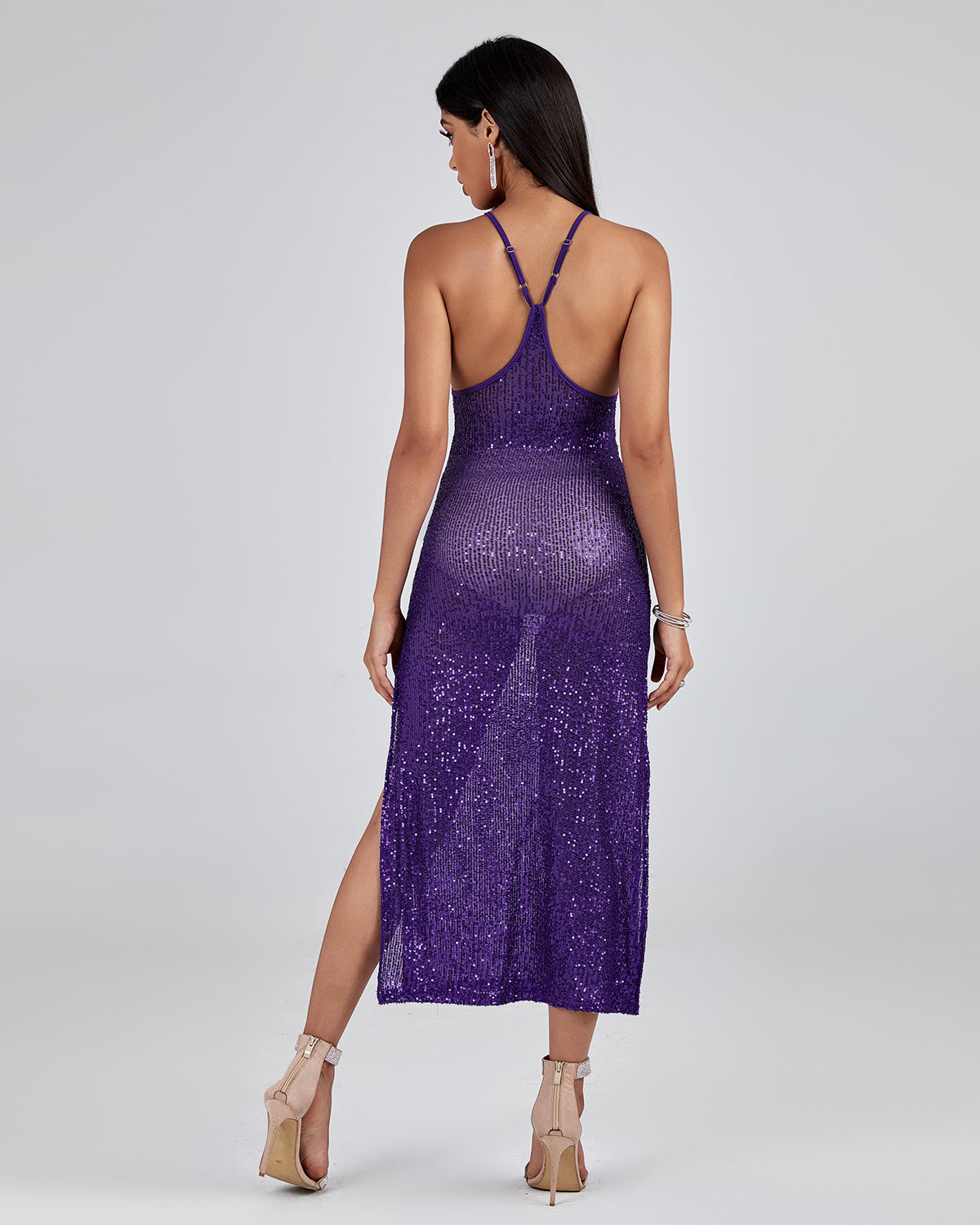 Purple Sequin Strap Midi Dress