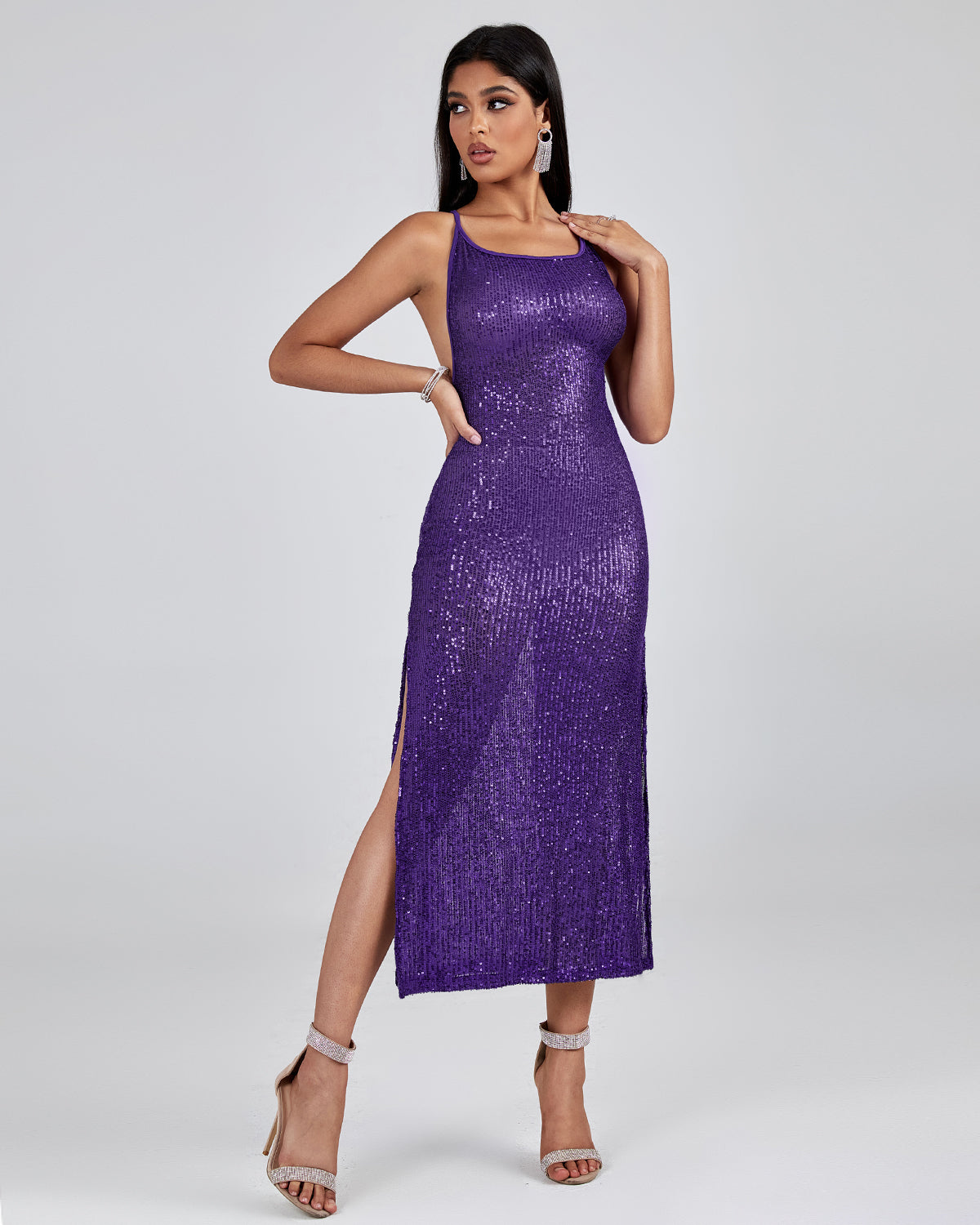 Purple Sequin Strap Midi Dress
