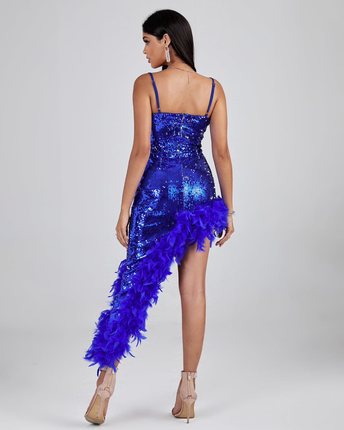 Blue Feather Sequin Midi Dress