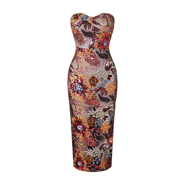 Strapless Sleeveless Sequins Midi Dress