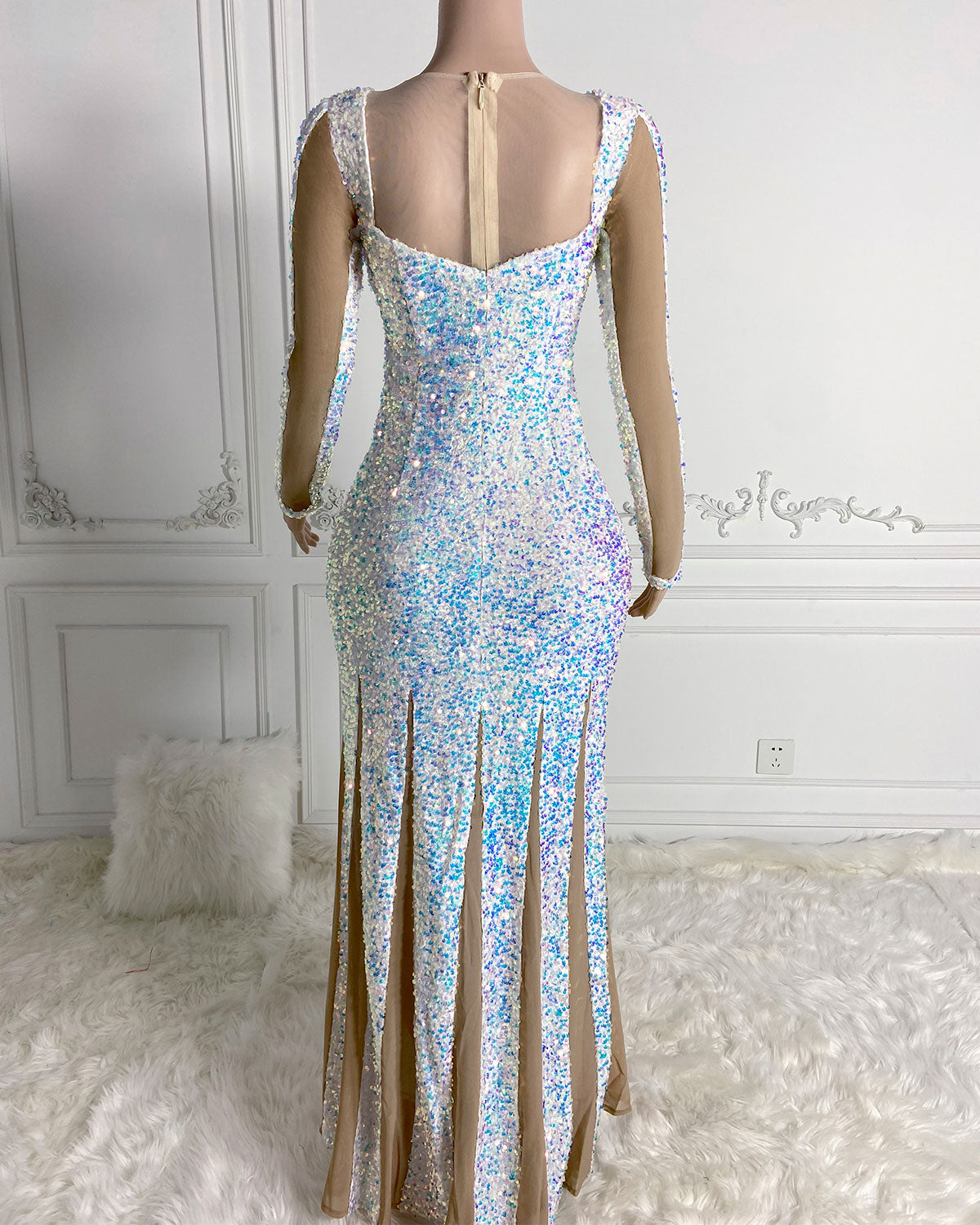 Round Neck Sequined&Mesh Maxi Bodycon Dress HT2688