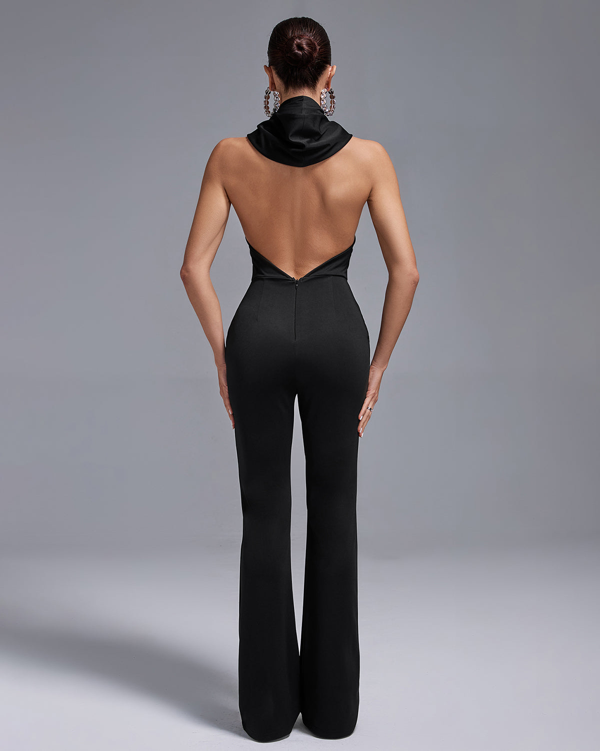 Crossed Collar High-Waist Backless Hooded Jumpsuit