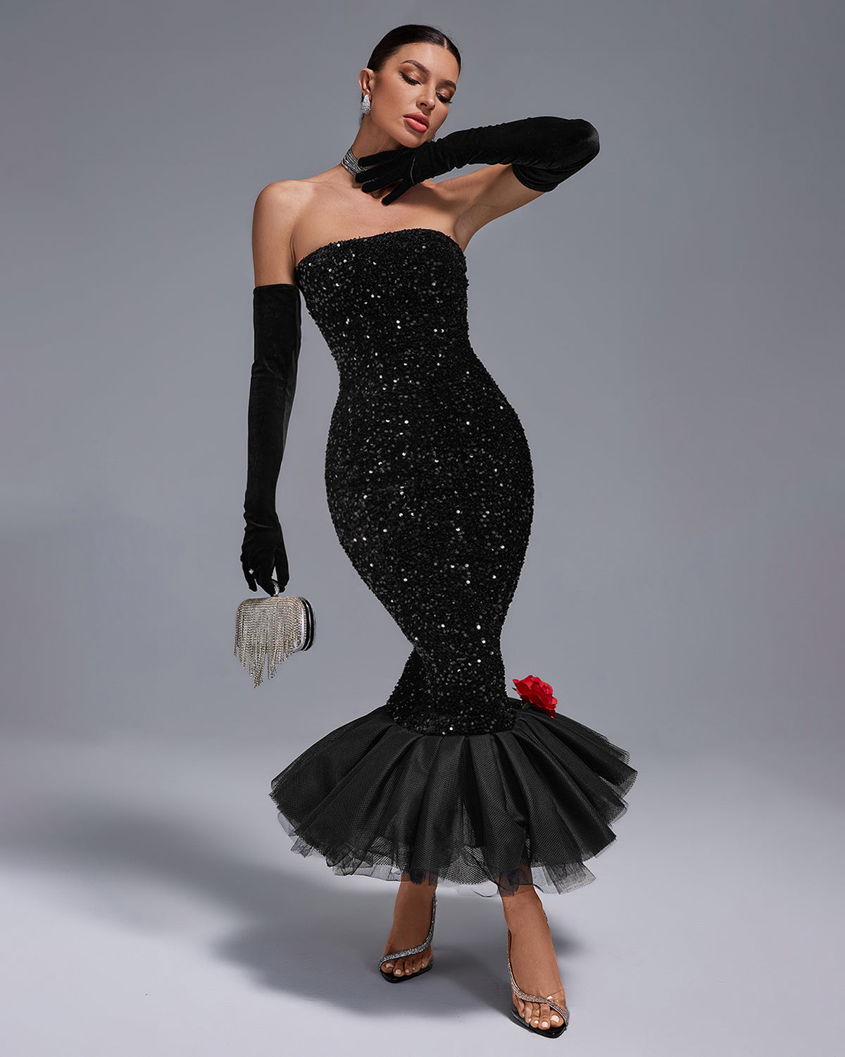 Strapless Sequins Barbie Wiggle Dress With Gloves