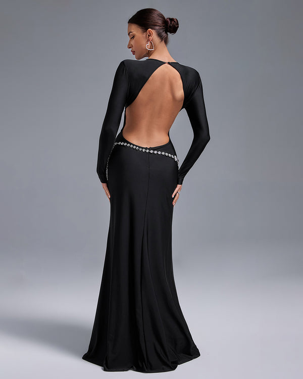 Crystal Belt Backless Maxi Dress