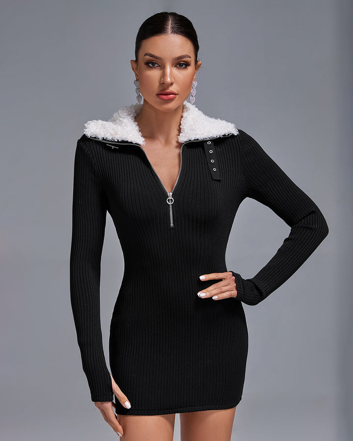 High Fur-Collar Zipped Bandage Mini Dress BD2493 | Wolddress – wolddress