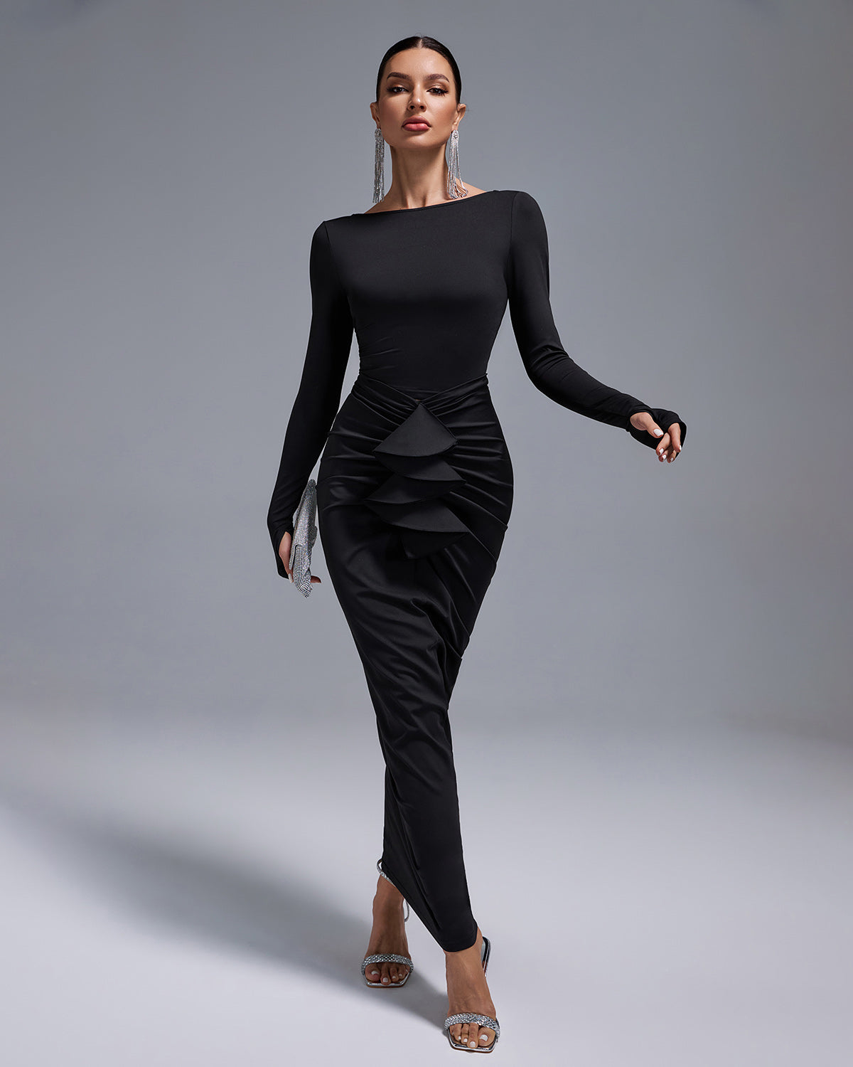 Ruched Skirt Round Neck Open Back Bodycon Set