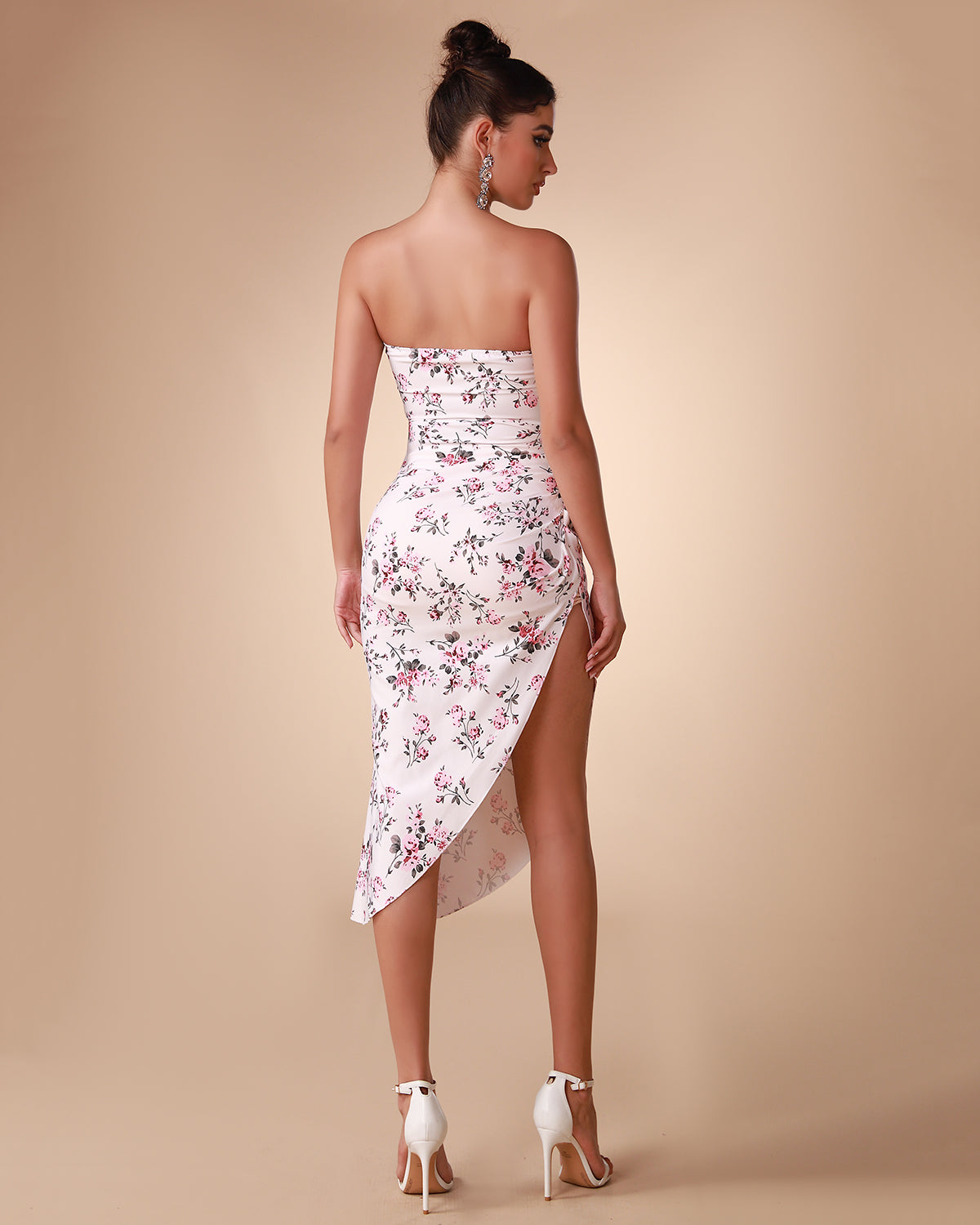 Floral Print Satin Strapless Dress