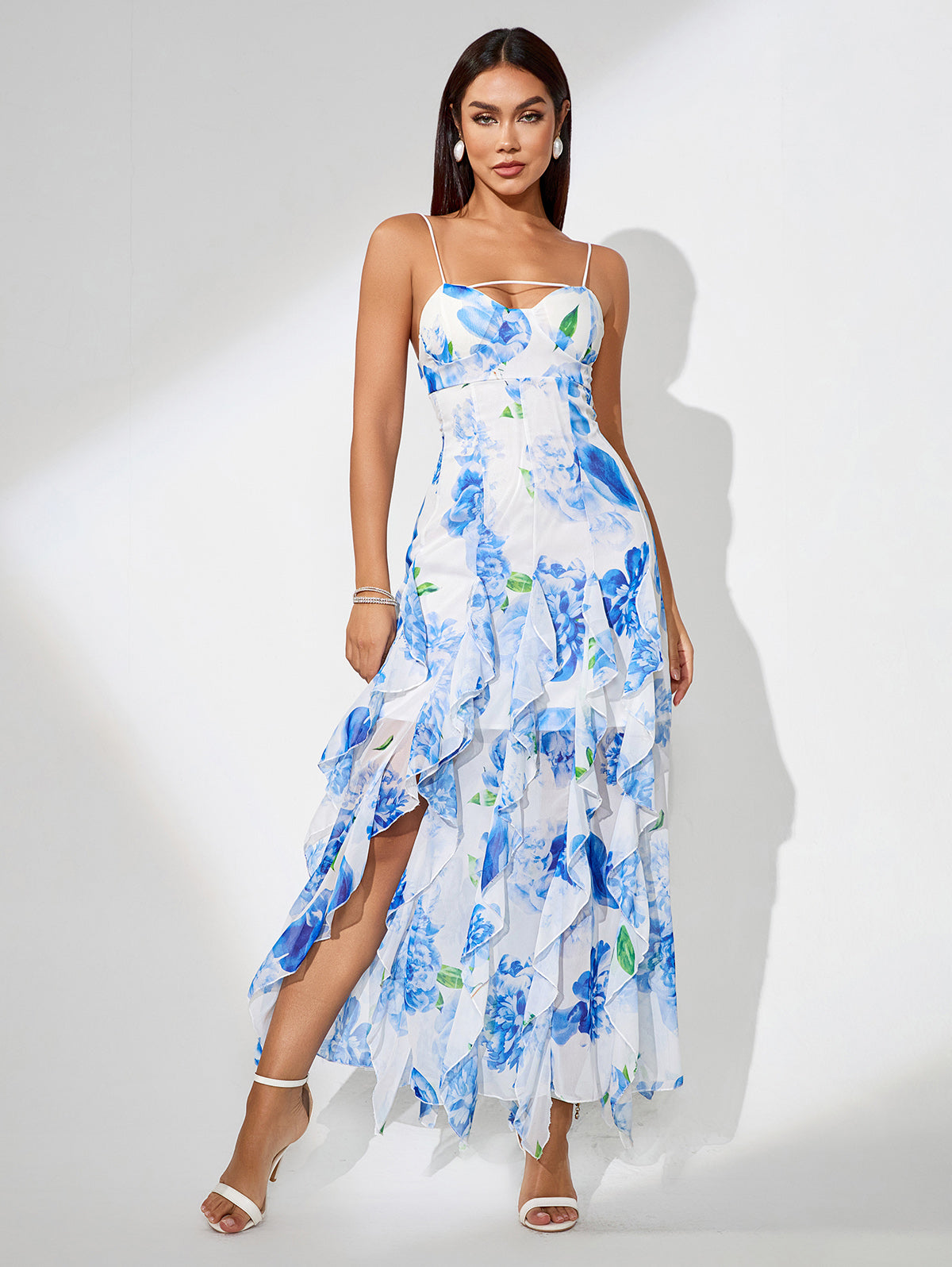 Blue Print Floral Vertical Ruffle Long Dress CY90364W | Wolddress ...