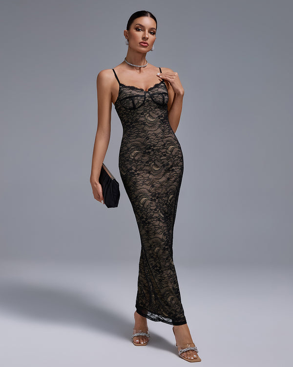 Black Lace Fully Lined Maxi Dress