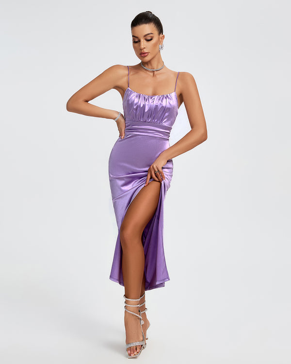 Strappy Satin Fabric Pleated Long Dress