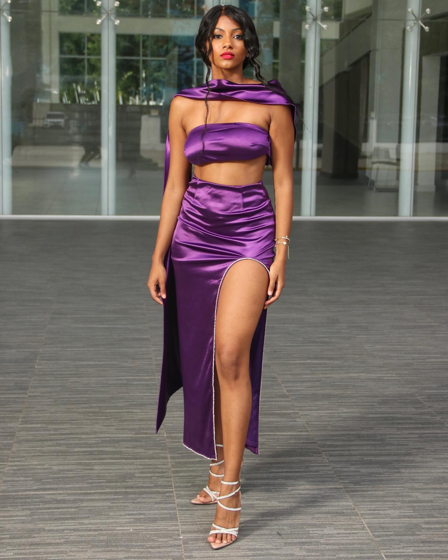 Purple Satin Strapless Sash Gown