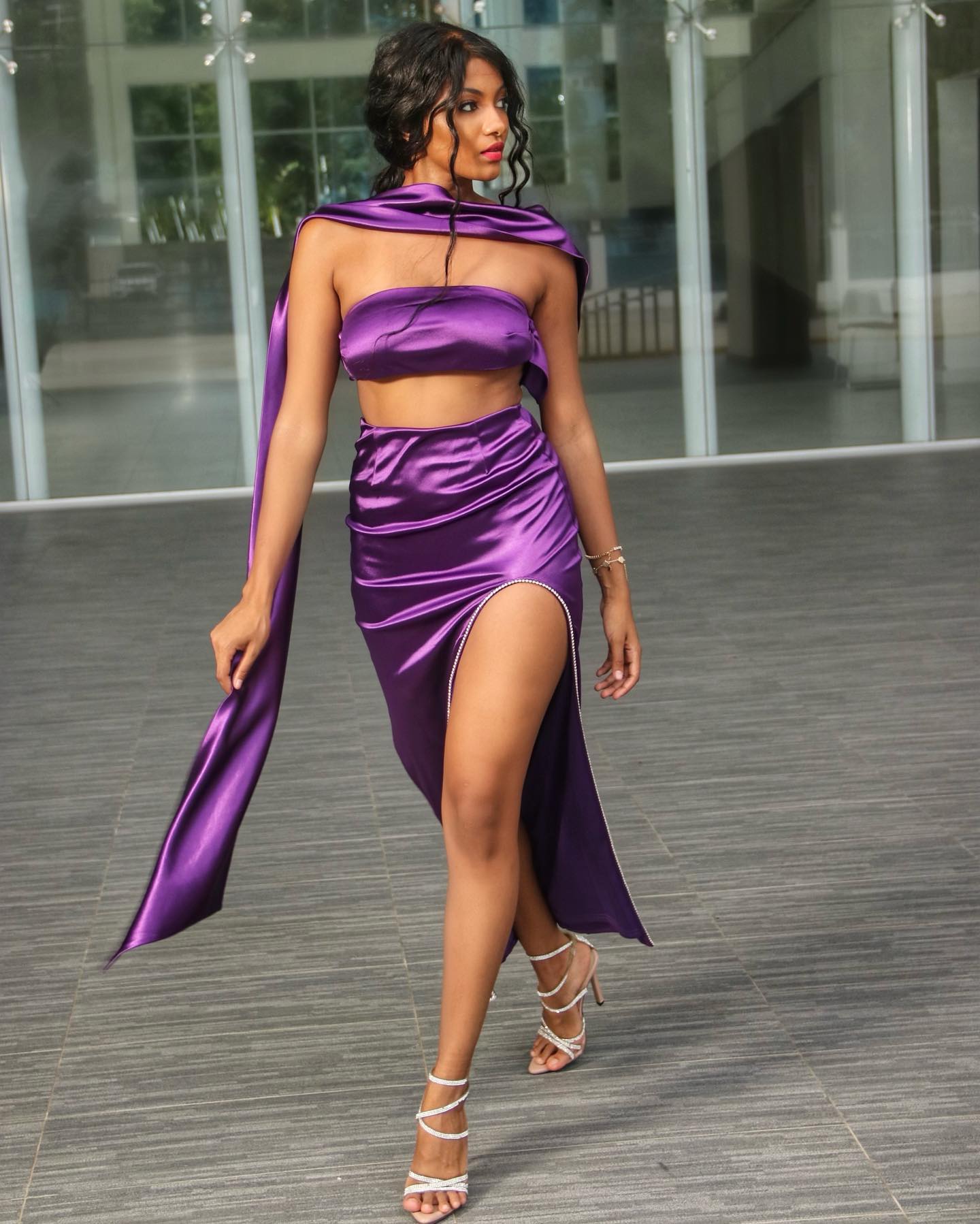 Purple Satin Strapless Sash Gown