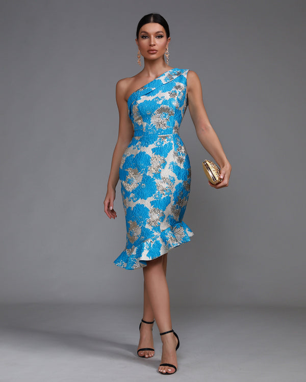 Slanted Shoulder Fishtail Midi Dress