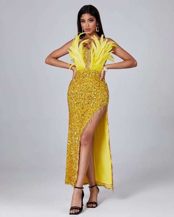 Feather Sequin Maxi Dress