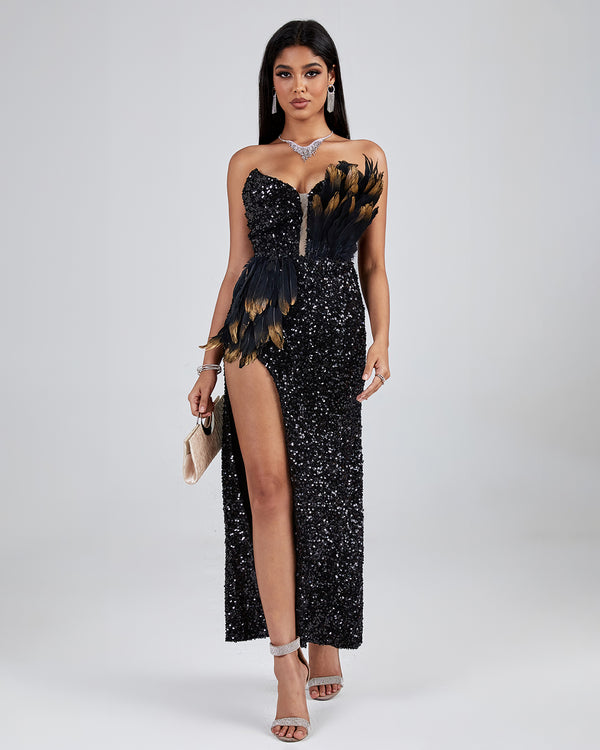 Asymmetric Sequin Embellished Feather Dress