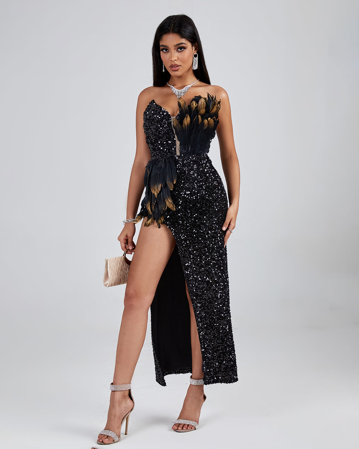 Asymmetric Sequin Embellished Feather Dress