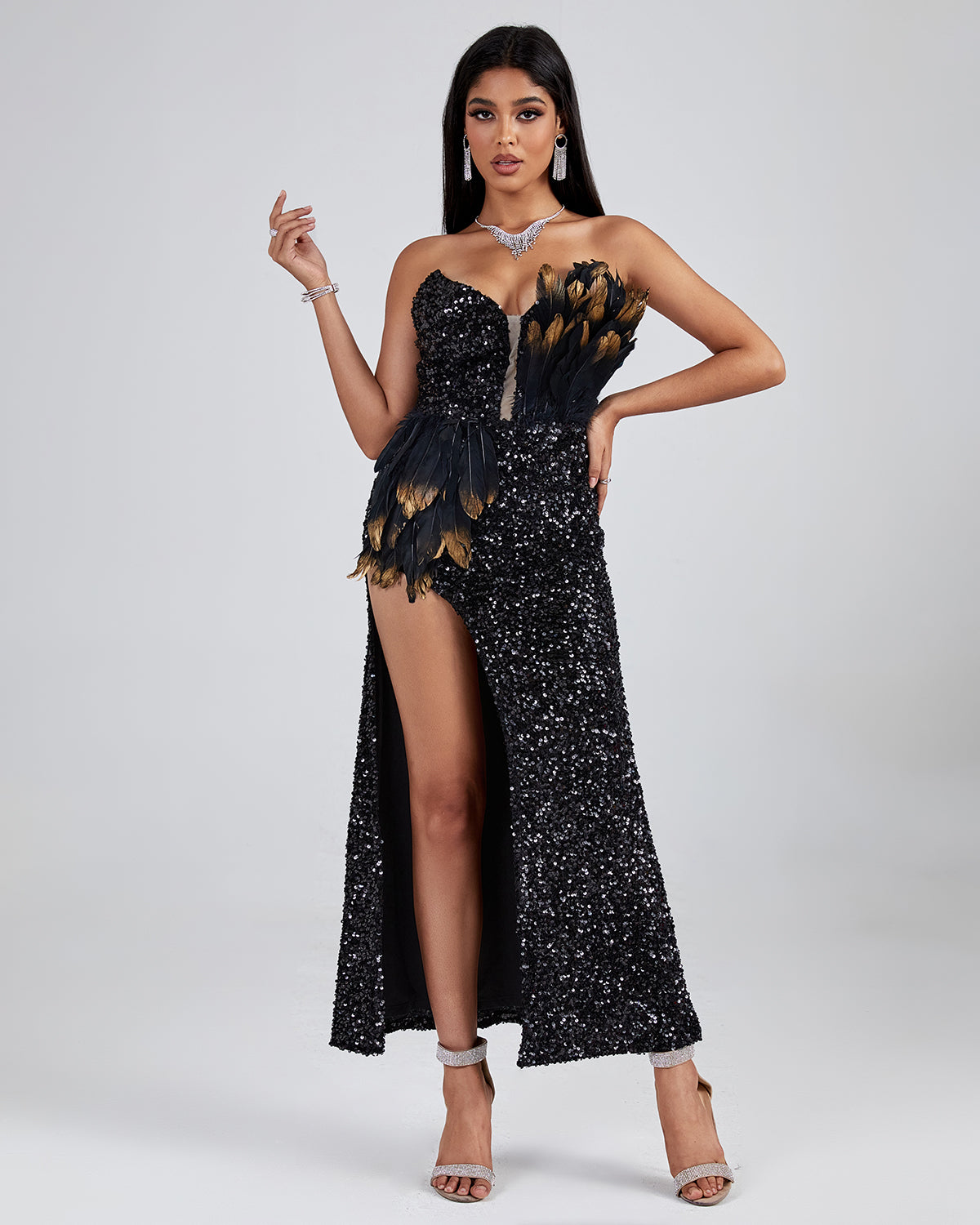 Black Asymmetric Sequin Embellished Feather Dress by Wolddress Wedding Guest
