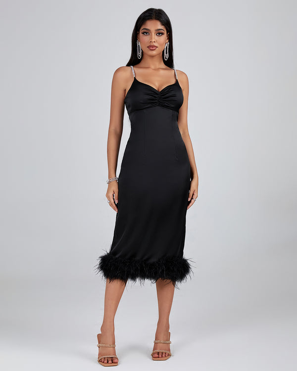 Strappy Backless Feather Trim Midi Dress
