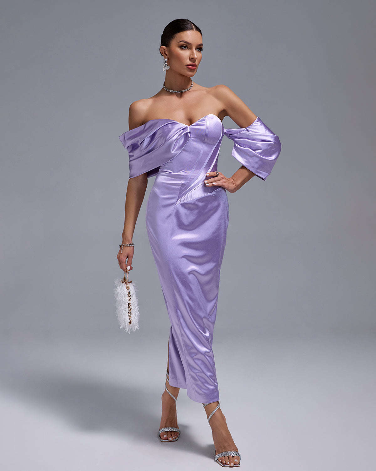 Lavender Satin Off Shoulder Midi Dress
