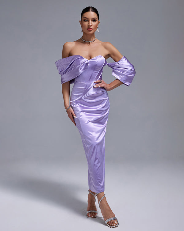 Lavender Satin Off Shoulder Midi Dress