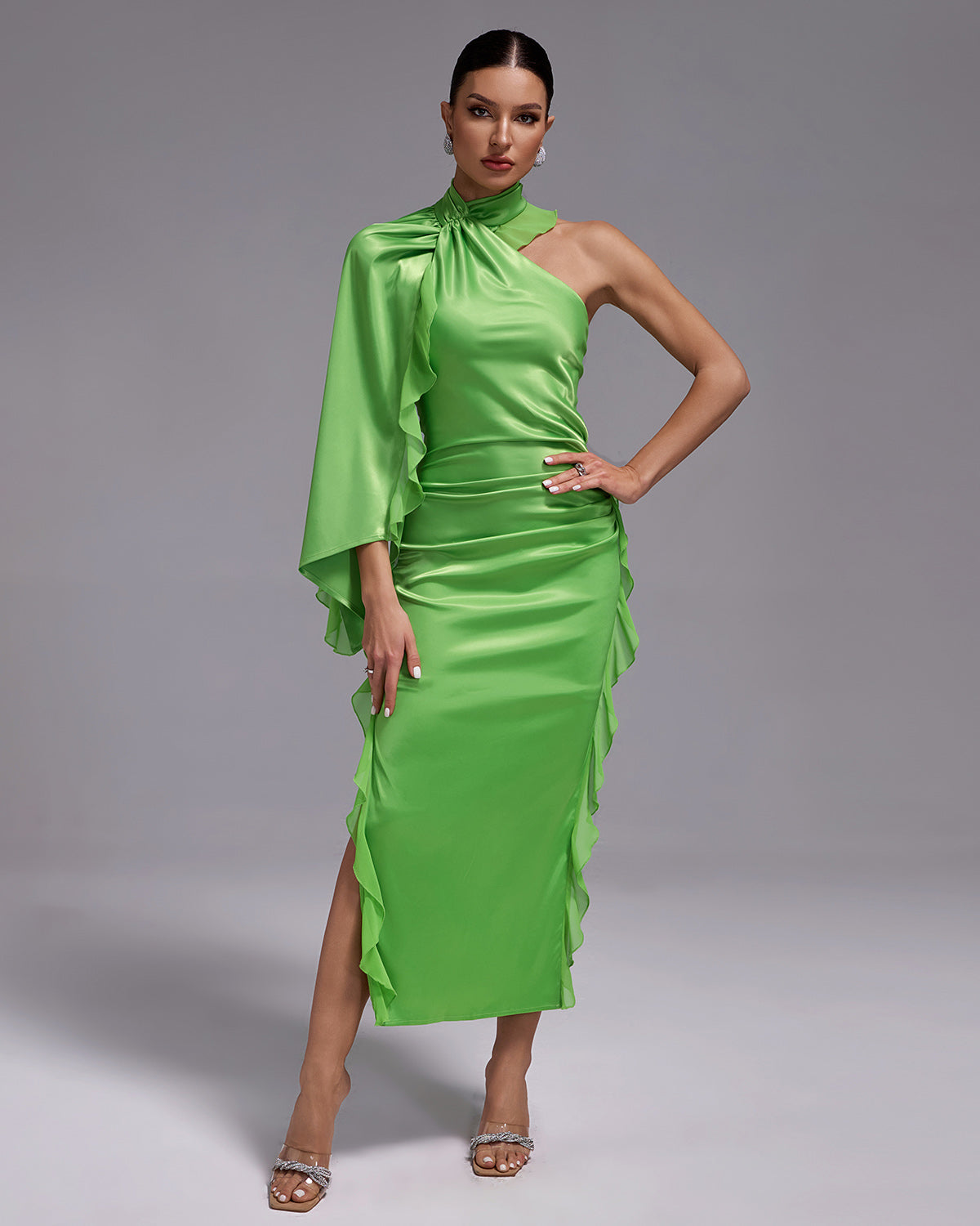 Asymmetric Ruffle Ruched Satin Dress FP23461 | Wolddress – wolddress