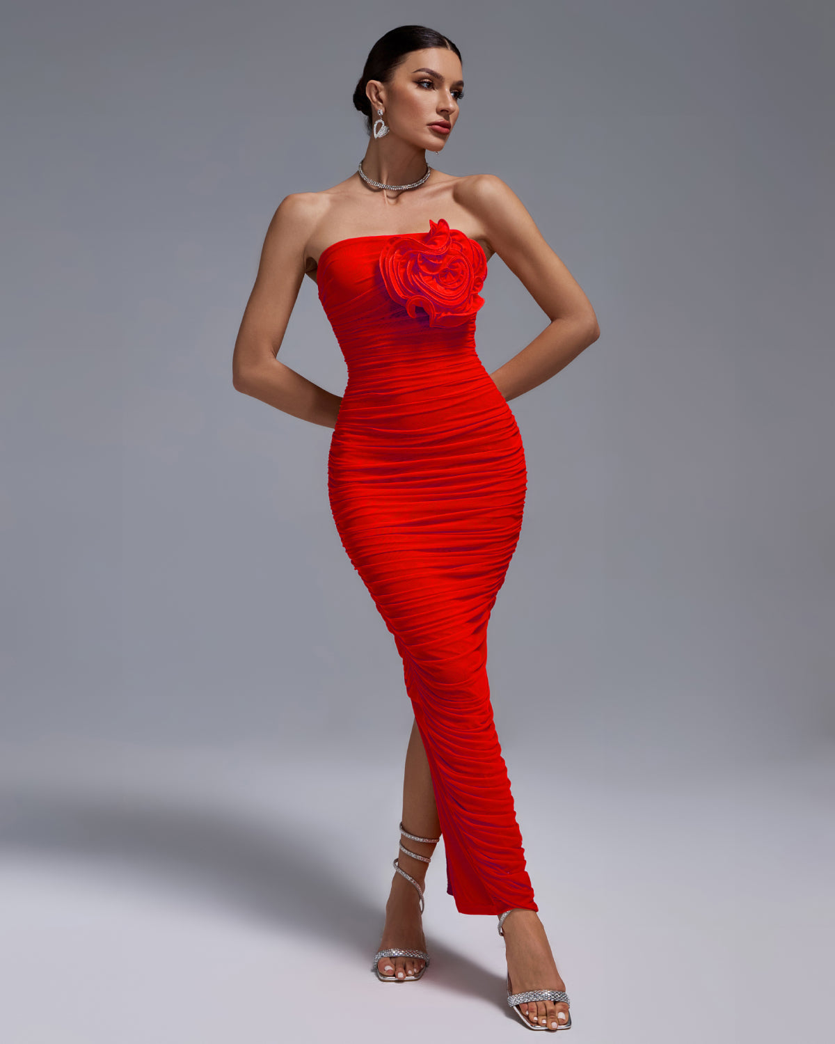 flower bodycon dress Open Back Ruched Flower Bodycon Dress