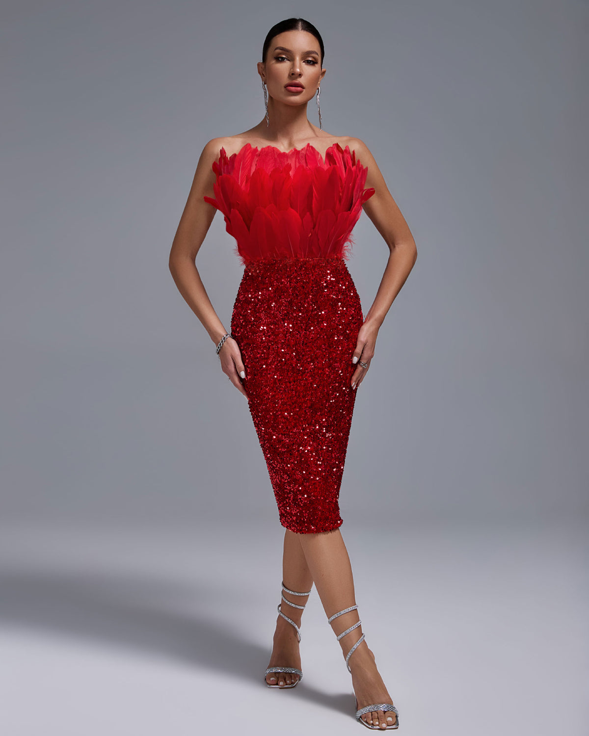 Sexy Strapless Feather Sequin Bodycon Dress