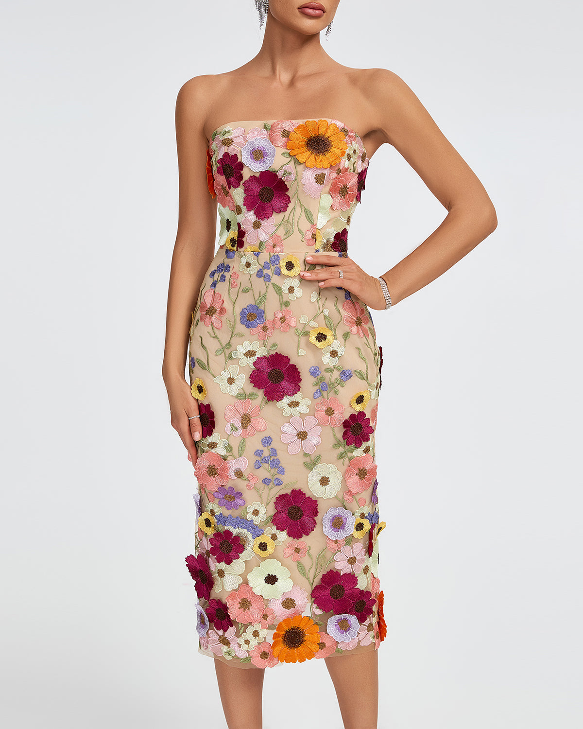 Maraya Strapless Floral Applique Midi Dress