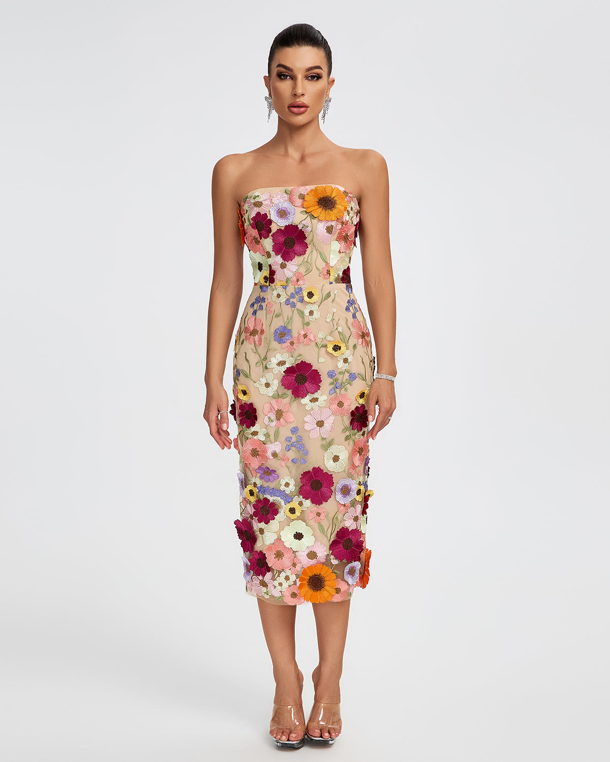 Maraya Strapless Floral Applique Midi Dress by Wolddress Date Night