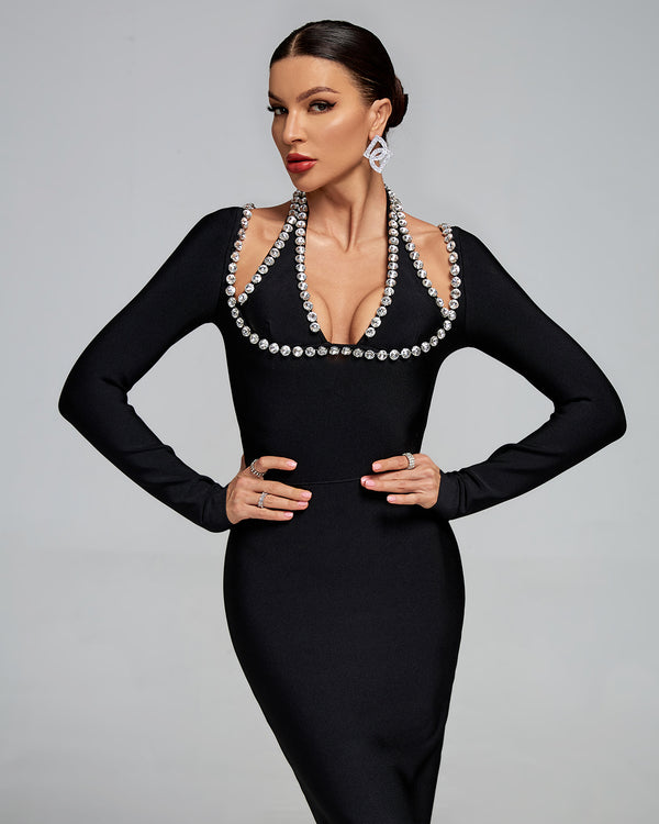 Halter Neck Crystal-Embellished Bandage Maxi Dress