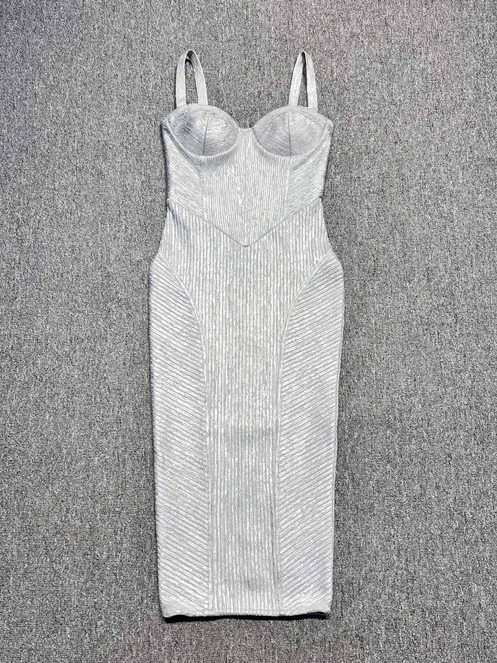 Foil Silver Color Women Sleeveless Sexy Strap Square Collar Bodycon Midi Bandage Dress Celebrate Nightclub Party Dress Vestido Silver / M Foil Silver Color Women Sleeveless Sexy Strap Square Collar Bodycon Midi Bandage Dress Celebrate Nightclub Party Dress Vestido Silver / M