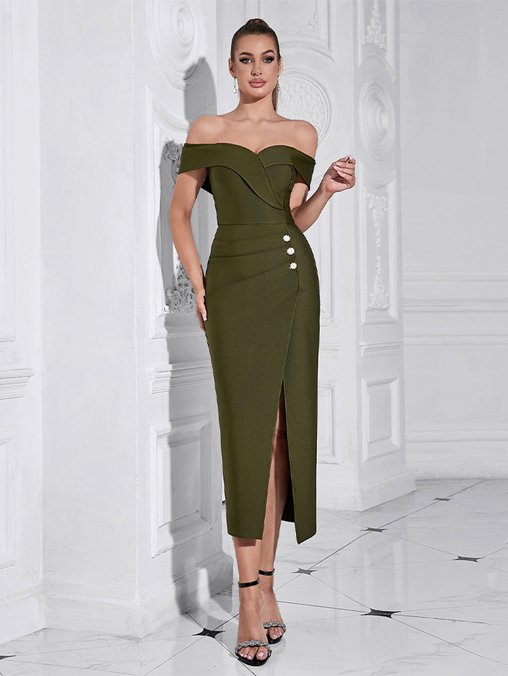 green bandage dress wholesaler Off Shoulder Slit Midi HB100361 prom_simple Color:32Tiffany Blue Vibrant Emerald Green & making it light and