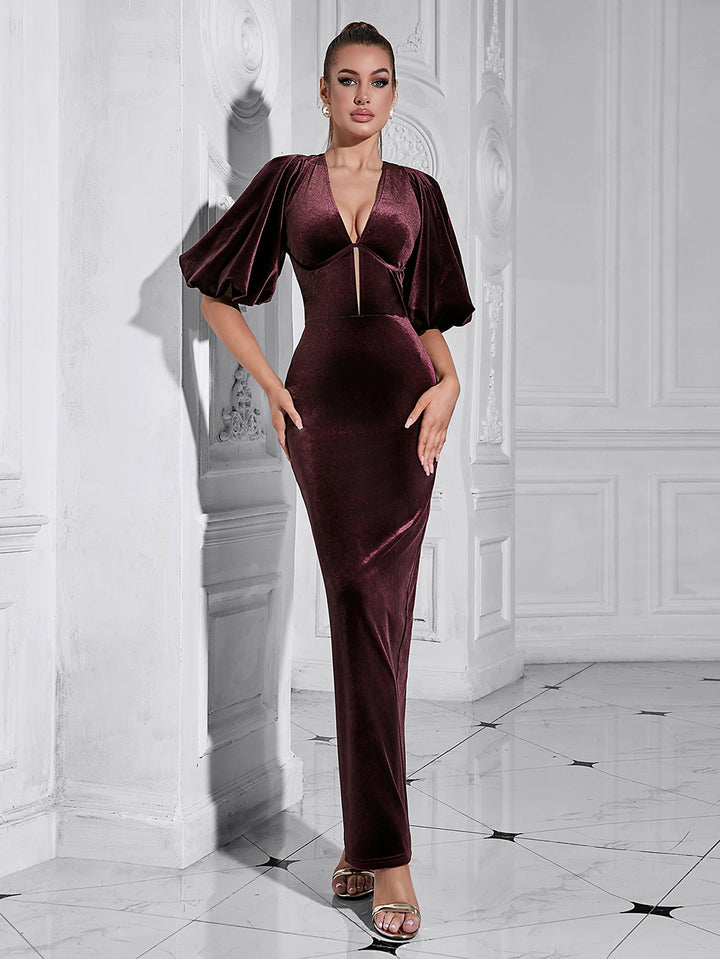 V Neck Mid Sleeve Carved Low Cut Maxi Bodycon Dress HB10207