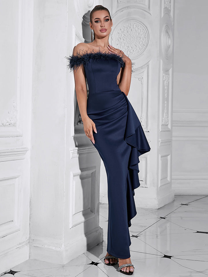 Dark Blue Feather Off Shoulder Dress