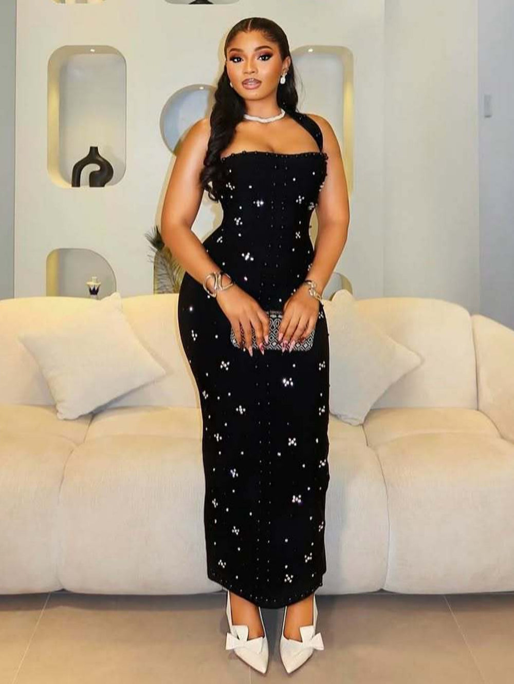 black bandage dress wholesaler Nail Bead Rhinestone HL10573 shoulder silhouette Black Concert Dress - Size:IT 35 - US 5 ribbed