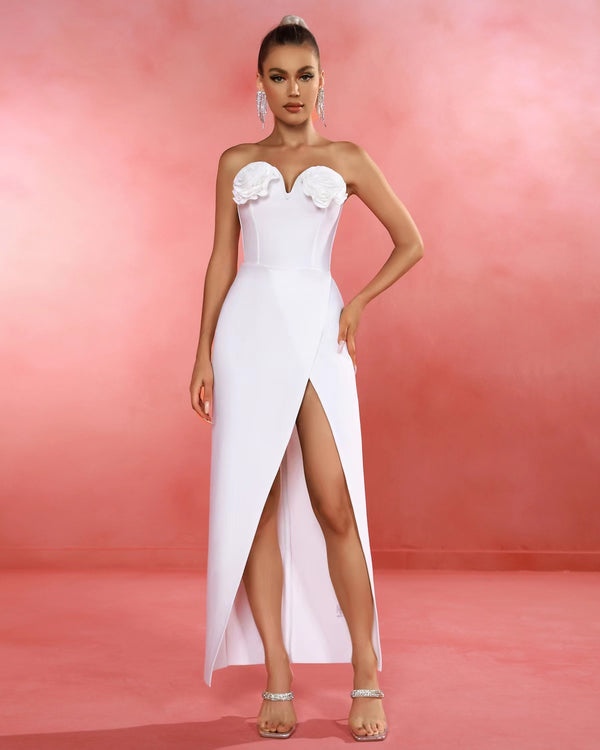 White-rose Strapless Maxi Bandage Dress