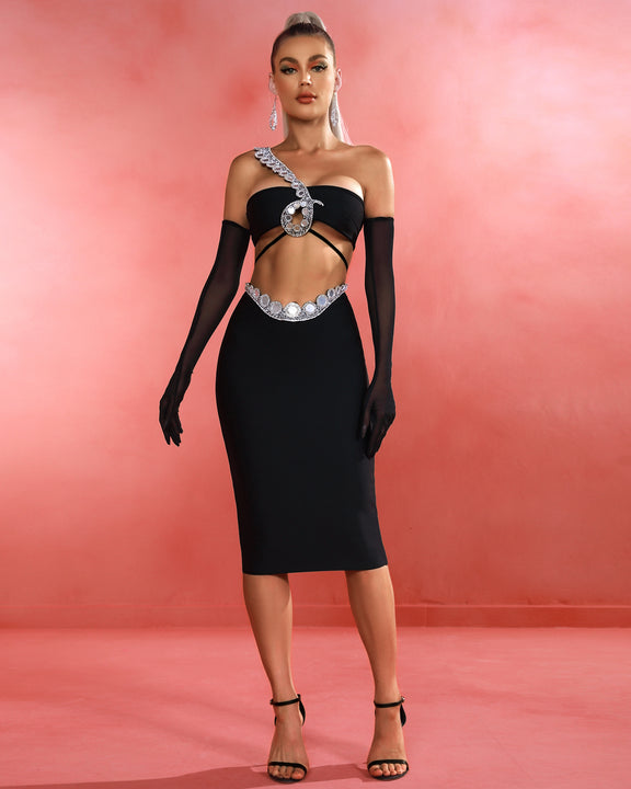 Dextard black gilded creased top & skirt matching set