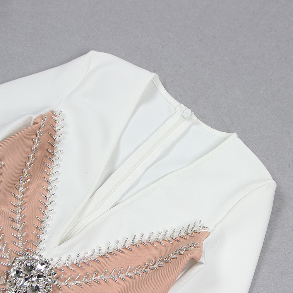 V Neck Long Sleeve Rhinestone Mini Bandage Dress HL9362