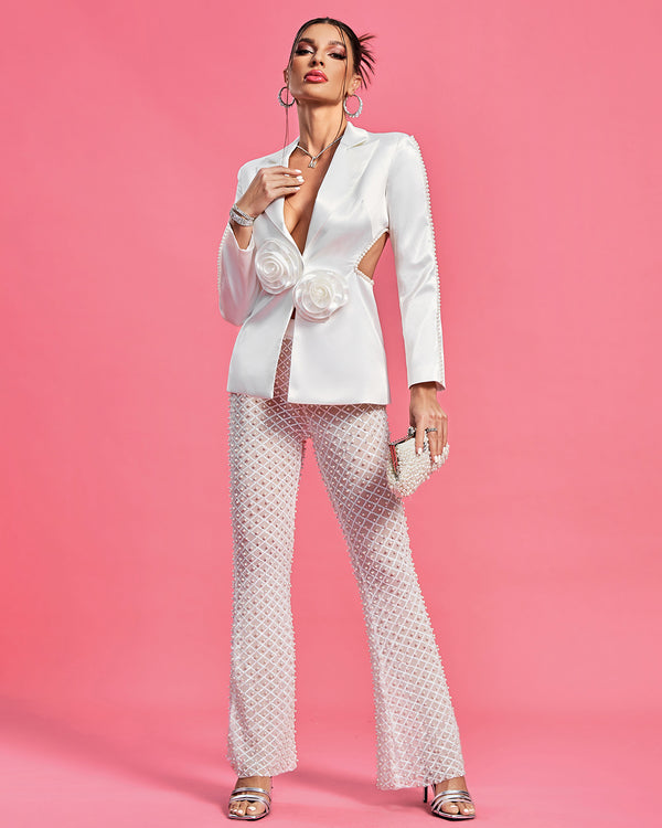 V Neck Cutout Pearl Jacket & Pants Set