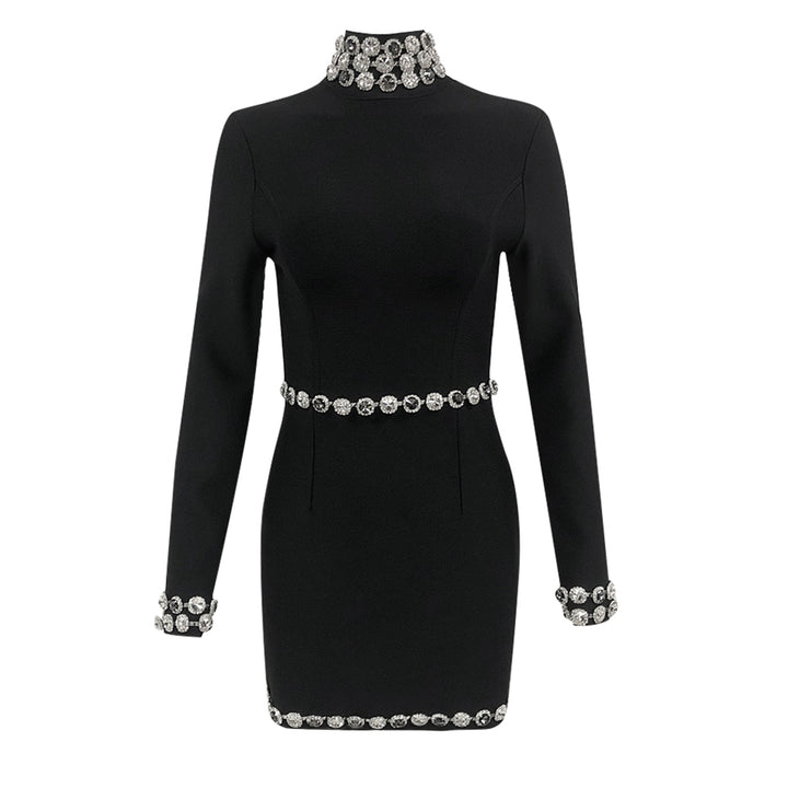 High Neck Long Sleeve Diamond Plain Mini Bandage Dress