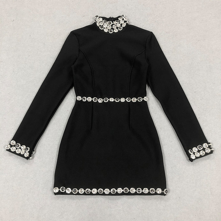 High Neck Long Sleeve Diamond Plain Mini Bandage Dress
