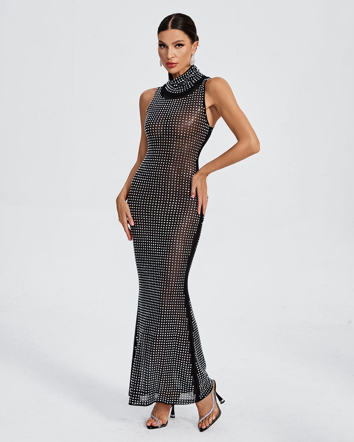 Knitted solid short sleeve crewneck see through maxi dress