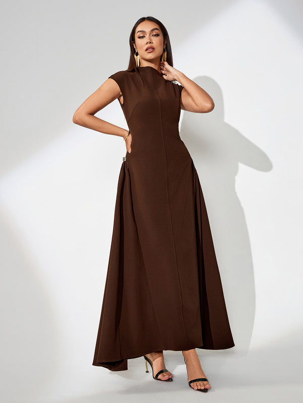 Skew Collar Pure Color Maxi Dress