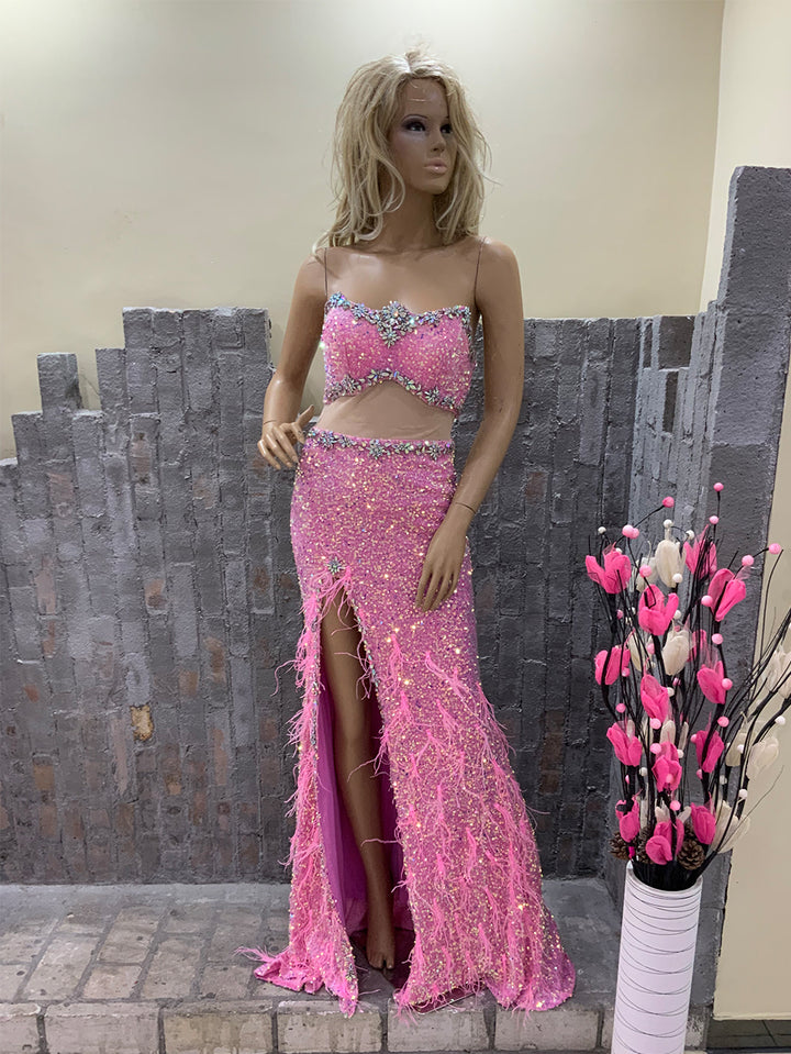 Strapless Sleeveless Barbie Pink Sequins Maxi Bodycon Dress HT1245